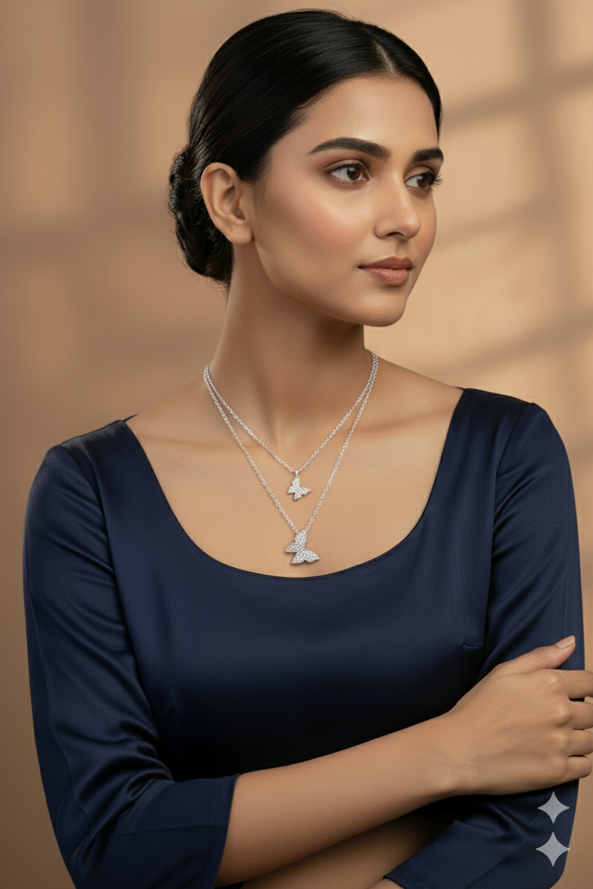 Silver Butterfly Double Layer Necklace with CZ Stones – Fakhree Collection Elegant Women’s Jewelry UAE