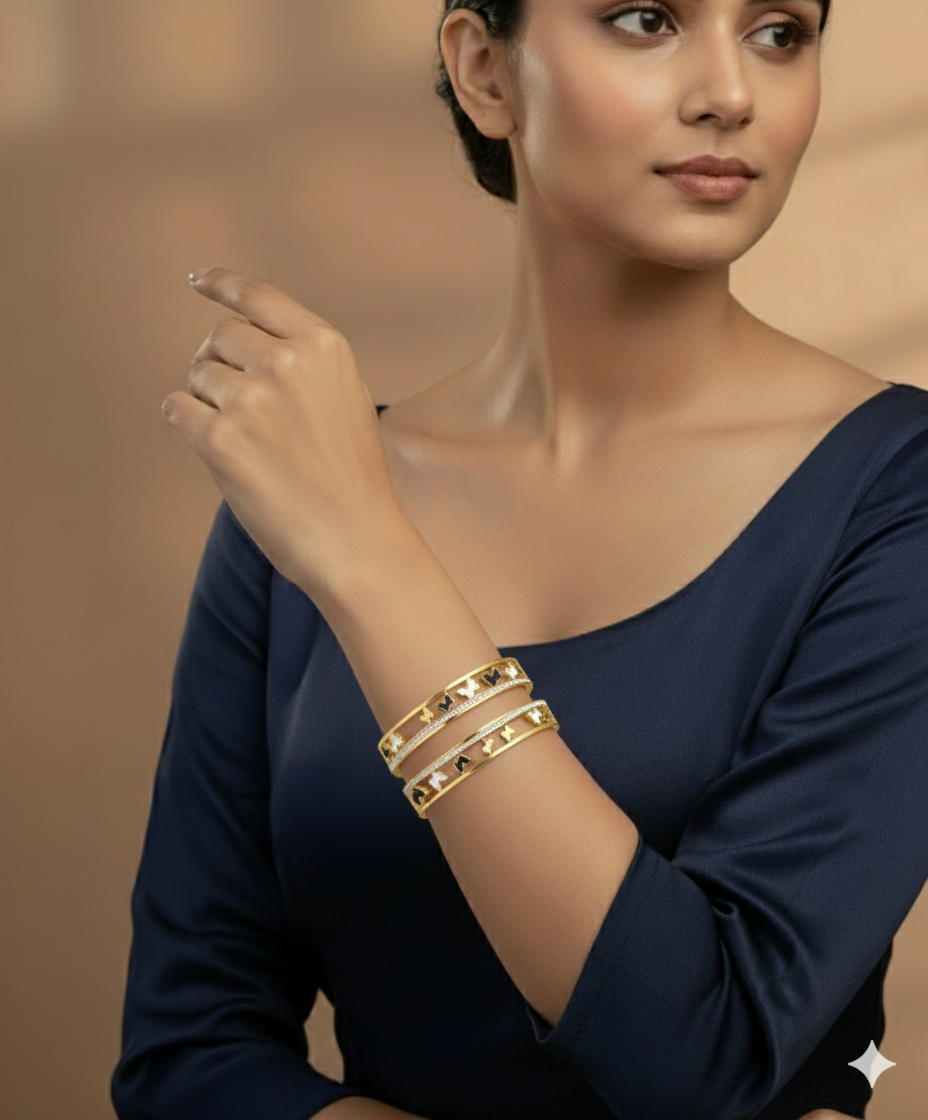 Stainless Steel Gold-Plated Butterfly Bangle with Black & White Enamel and CZ Crystals – Lawina Jewelry UAE