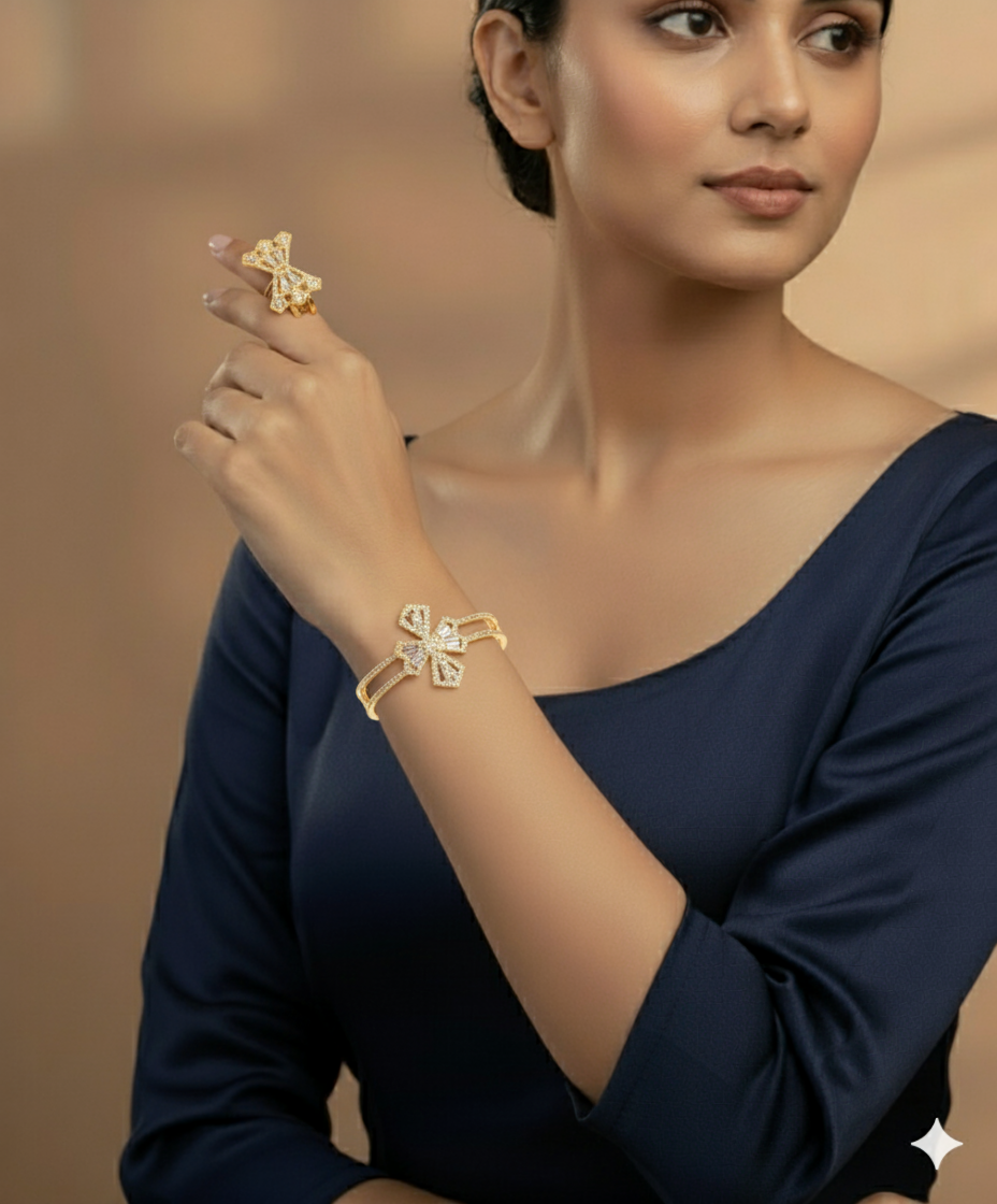 Gold-Plated Bangle & Ring Set with Crystal Bow Design – Lawina Jewelry UAE