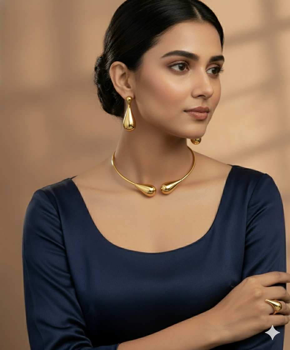 Modern Gold-Plated Tear Drop Necklace Set – Necklace, Earrings, Bracelet & Ring – Model 296-A33018 – Minimalist Women’s Jewelry UAE