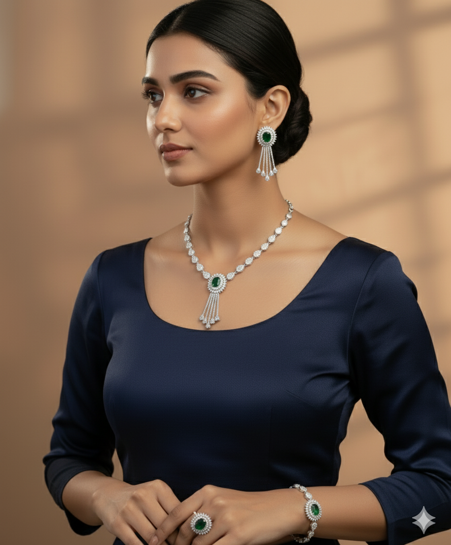 Silver-Plated CZ Necklace Set with Emerald Green Stones – Necklace, Earrings, Ring & Bracelet – Lawina Jewelry UAE