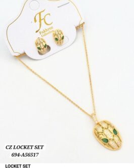 Lawina Collection CZ Gold-Plated Locket Set for Women | Emerald Green Stone Pendant and Earrings | Elegant Arabic Jewelry UAE