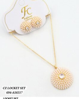 Lawina Collection CZ Pearl Locket Set for Women | Gold-Plated Necklace & Earrings | Elegant Bridal Jewelry UAE