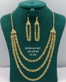 Traditional Gold Plated Layered Necklace Set for Women | Long Multi-Layer Chain with Matching Earrings | Lawina Jewelry UAE