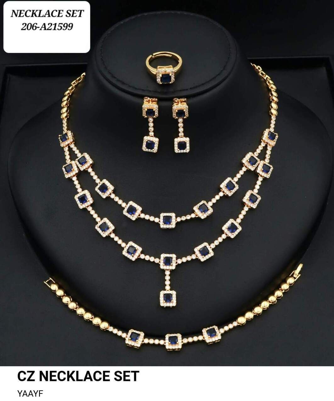 Gold-Plated CZ Necklace Set with Sapphire Blue Stones – 3 Layer Necklace, Earrings & Ring – Lawina Jewelry UAE