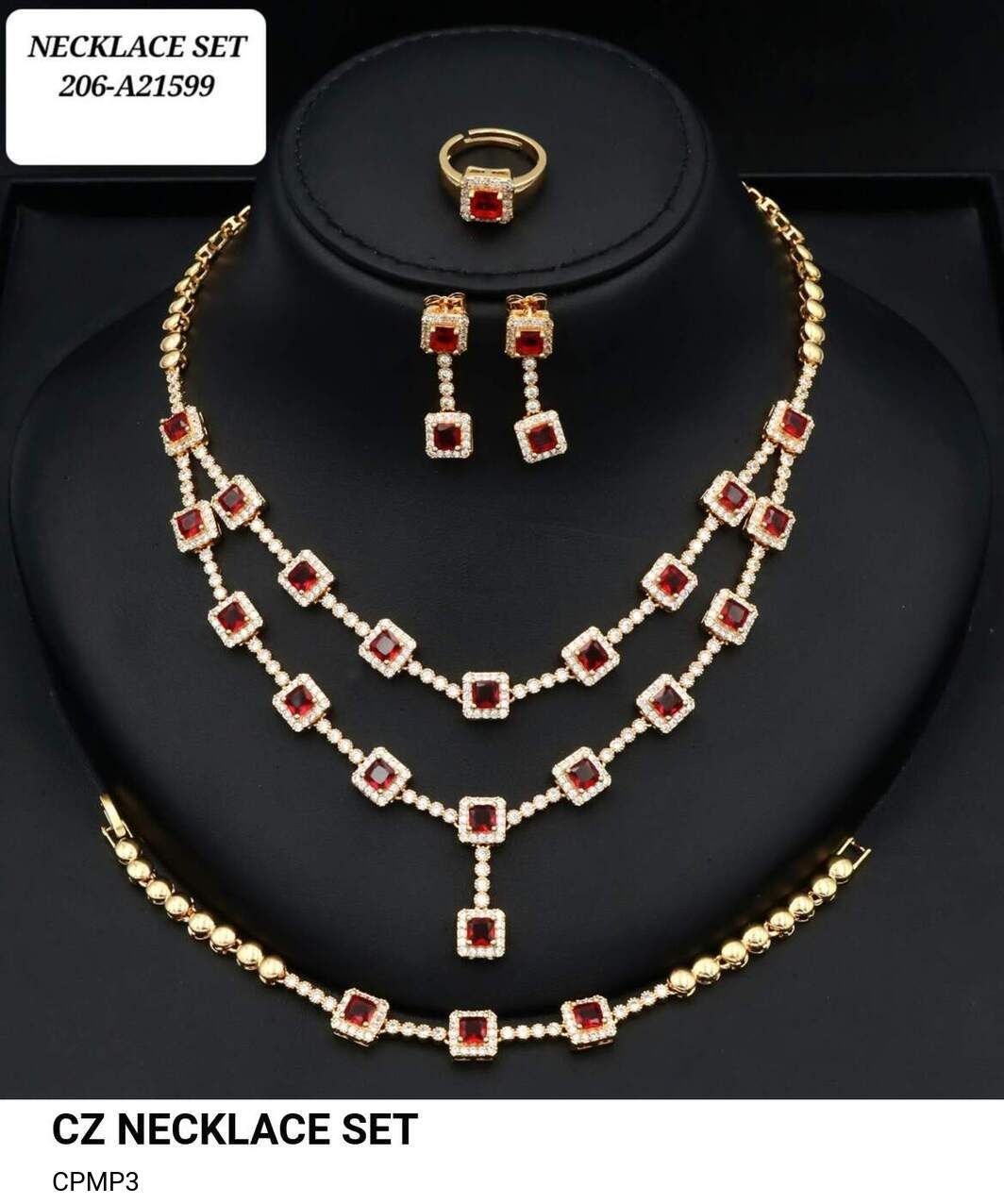 Gold-Plated CZ Necklace Set with Ruby Red Stones – 3 Layer Necklace, Earrings & Ring – Lawina Jewelry UAE