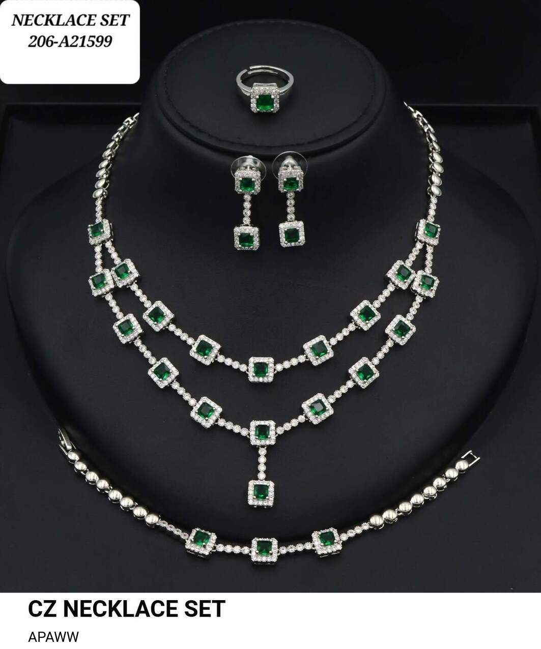 Luxury CZ Necklace Set for Women | Gold-Plated Jewelry with Sapphire Blue Stones | Three-Layer Necklace, Earrings & Ring | Bridal & Party Jewelry UAE - Image 5