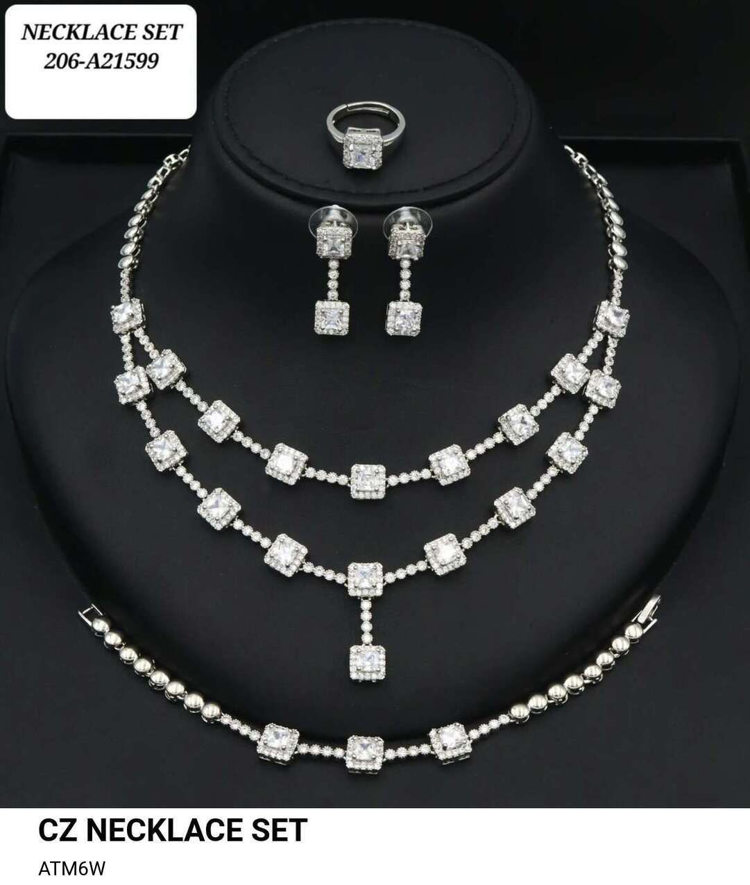 Luxury CZ Necklace Set for Women | Gold-Plated Jewelry with Sapphire Blue Stones | Three-Layer Necklace, Earrings & Ring | Bridal & Party Jewelry UAE - Image 4