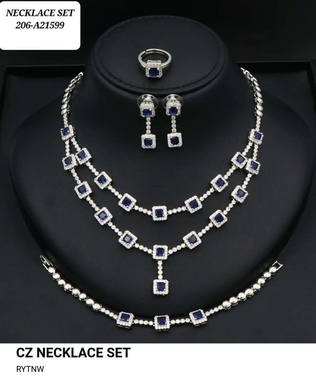 Luxury CZ Necklace Set for Women | Gold-Plated Jewelry with Sapphire Blue Stones | Three-Layer Necklace, Earrings & Ring | Bridal & Party Jewelry UAE - Image 3