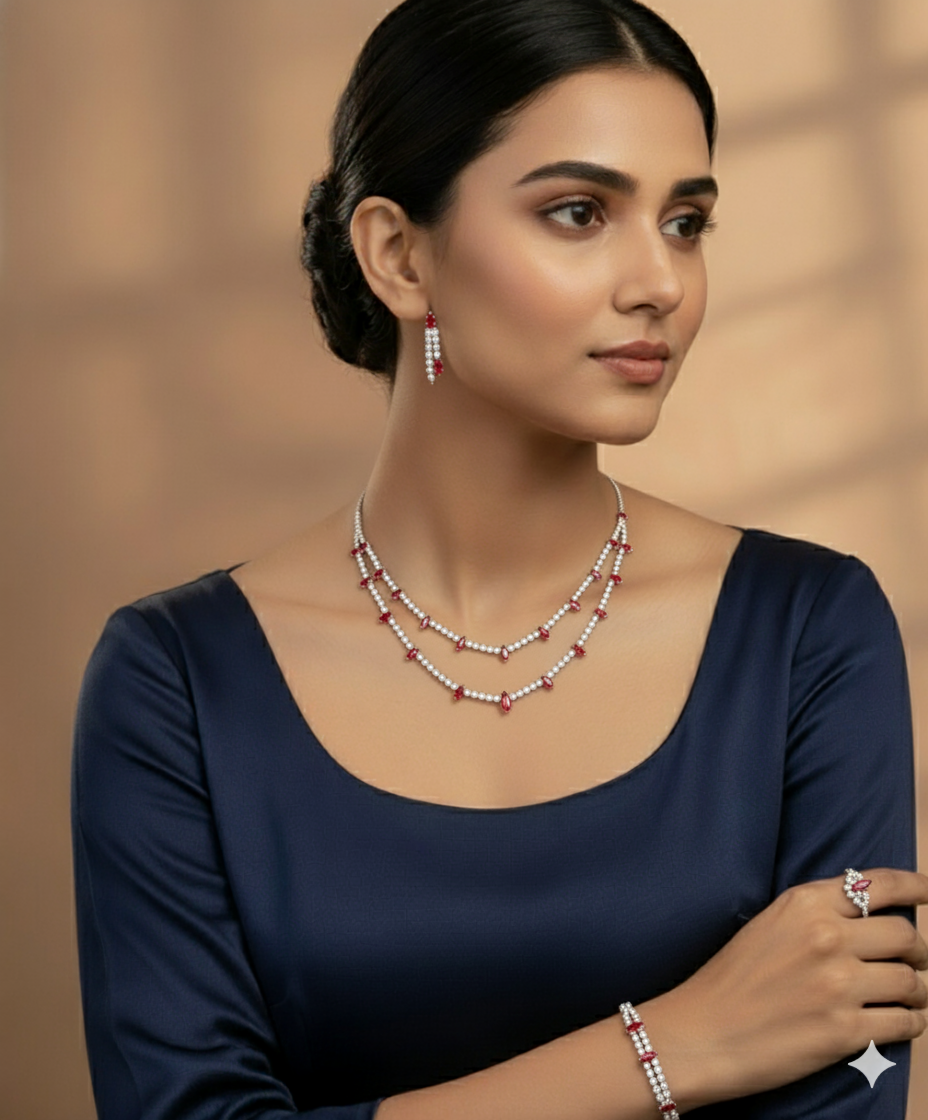 CZ Necklace Set with Earrings, Ring & Bracelet | Elegant Fashion Jewelry for Women in UAE | Red Stone Bridal Jewelry Set |